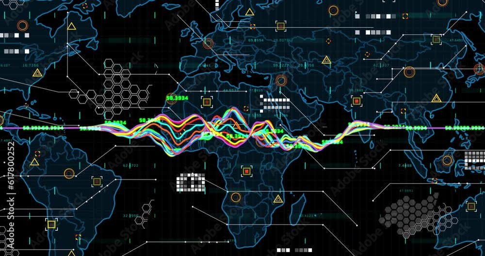 Poster animation of multiple graphs and numbers over map, geometric shape against black background