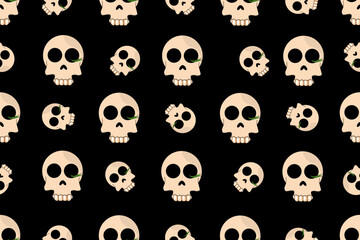 Seamless pattern with cartoon Skulls on black background. Endless ornament with Scull. Wrapping paper with Dead head background. Vector illustration. Wallpaper and bed linen print.