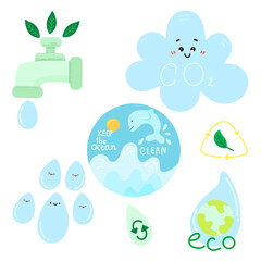 Eco lifestyle, zero waste life concept. Green sustainable habits set. Conscious consumers with recycled, renewable, reusable products. Flat vector illustrations isolated on white background.