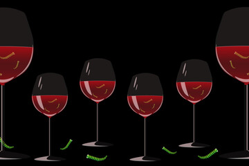 Large horizontal Banner with Glasses with red wine and Worms on black background with copy space. Horror poster with space for text on Halloween. Vector Art. 