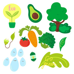 Eco lifestyle, zero waste life concept. Green sustainable habits set. Conscious consumers with recycled, renewable, reusable products. Flat vector illustrations isolated on white background.