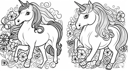 Children's coloring with a unicorn, black and white graphics with a curly pattern. The development of motor skills of children with drawings. Generative AI
