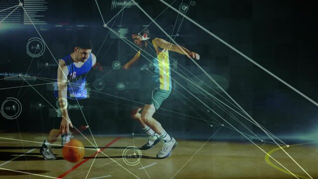 Animation of connected dots and graph icons over diverse players playing basketball