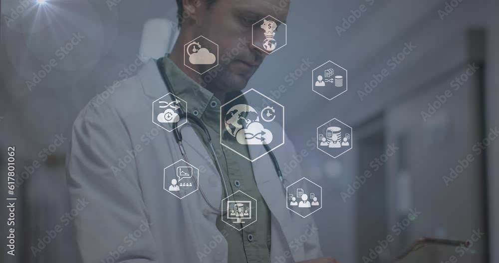 Poster animation of computer icon in hexagons over lens flares, caucasian doctor reading notepad