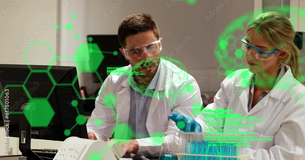 Poster animation of computer language, brains, molecule structures, diverse scientist examining liquid