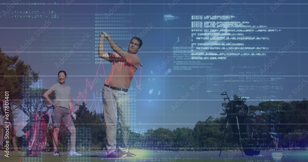 Poster animation of graphs, binary codes and computer language, caucasian player hitting golf ball