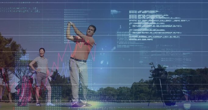Animation of graphs, binary codes and computer language, caucasian player hitting golf ball