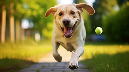 A Labrador retriever chasing after a tennis ball, its eyes filled with excitement and tail wagging with delight Generative AI