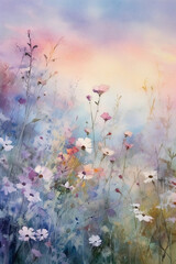 Obraz na płótnie Canvas A serene twilight meadow filled with delicate flowers. AI generative