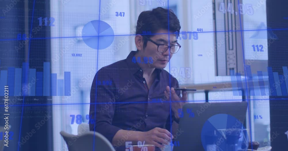 Poster animation of statistical data processing against asian man talking on smartphone at office