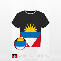 Football uniform of national team of Antigua and Barbuda with football ball with flag of Antigua and Barbuda. Soccer jersey and soccerball with flag.