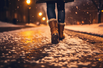 Back view of close up of a woman leg walking in snowy winter night park. AI generative - obrazy, fototapety, plakaty