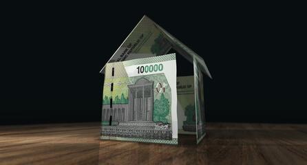Iranian Rial 100000 IRR money banknotes paper house on the table 3d illustration