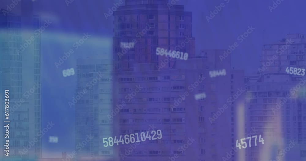 Poster animation of multiple changing numbers and light spot against tall buildings