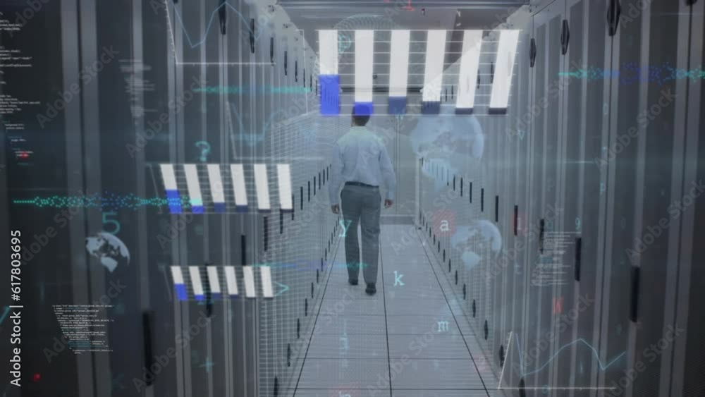 Poster animation of cyber security data processing over male engineer walking in computer server room
