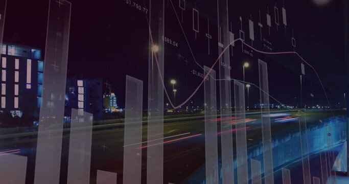 Animation of statistical data processsing against time-lapse of night city traffic