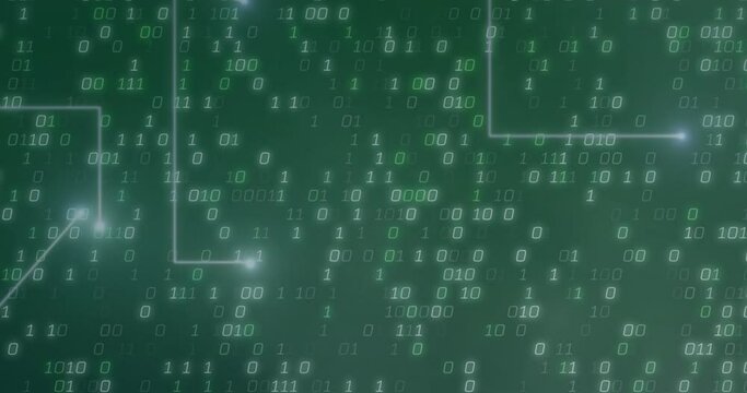 Animation of connecting dots and binary coding in seamless pattern against green background