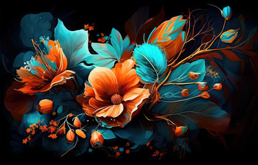bright flowers on a dark background created with Generative AI technology
