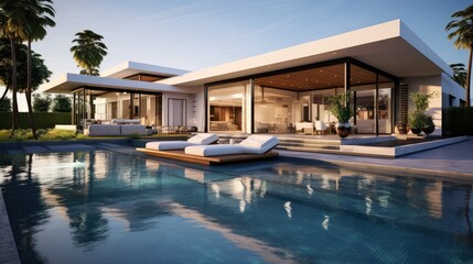 Fototapeta premium modern villa with open plan living and private bedroom wing with small terrace for relaxation, Generative AI.