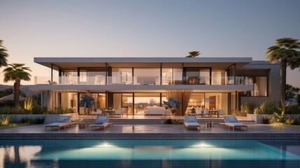 Fototapeta premium modern villa with open plan living and private bedroom wing with small terrace for relaxation, Generative AI.