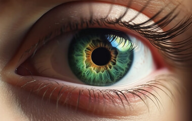 Fototapeta na wymiar Human green eye in close up macro view. Generative AI.