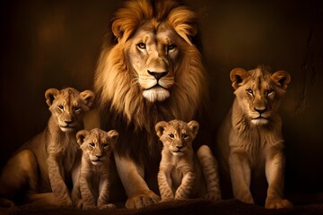 Family of lions with a lion, a lioness, and several cubs. Representing the strength, resilience, and unity of lions. A close-knit family. Image generated with AI.