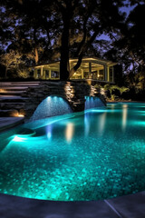 Obraz na płótnie Canvas Huge swimming pool with lights and a waterfall, in the style of light emerald and dark brown, nature inspired, manapunk, marbleized, rounded, aluminum, traumacore. AI generative