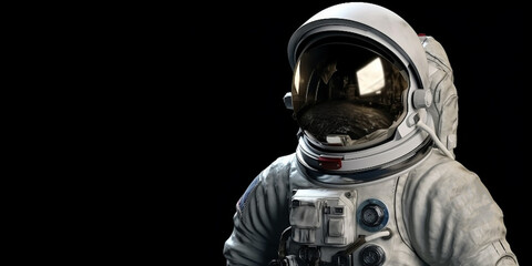 Cosmonaut or astronaut in a spacesuit, close-up and on an isolated black background. Generative AI