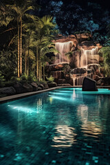 Huge swimming pool with lights and a waterfall, in the style of light emerald and dark brown, nature inspired, manapunk, marbleized, rounded, aluminum, traumacore. AI generative