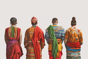 People of different nationalities in bright national clothes, viewed from the back and on an isolated background. Generative AI