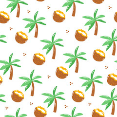 Coconut palm tropical summer hand-drawn seamless pattern