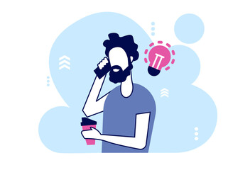 Vector of a modern looking man holding paper cup with coffee and chatting on mobile phone.