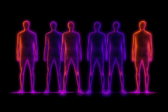 Human silhouettes neon colors purple, orange, blue on dark fiolet background. AI generative