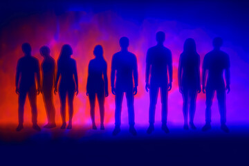 Human silhouettes neon colors purple, orange, blue on dark fiolet background. AI generative