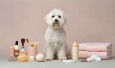 Dog sitting with grooming tools , studio portrait on solid background. AI generative