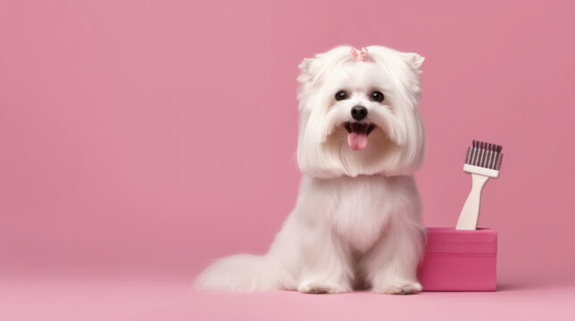 Dog sitting with grooming tools , studio portrait on solid background. AI generative
