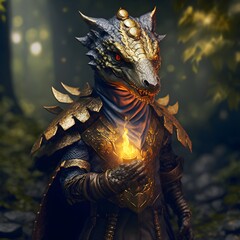 anthropomorphic sorcerer kobold golden scaly skin shiny golden scales dragon eyes snake eyes simple leather clothes with fire smerk with sharp teeth sharp claws small body in a dark forest Show from  - obrazy, fototapety, plakaty