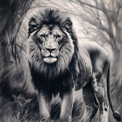 Majestic Charcoal Drawing of a Lion - generative ai
