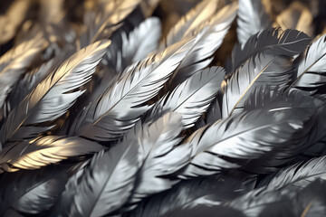 Gorgeous golden light illuminates an arrangement of elegant metal gold and silver feathers, creating a scene of exquisite beauty and sophistication. Generative AI.