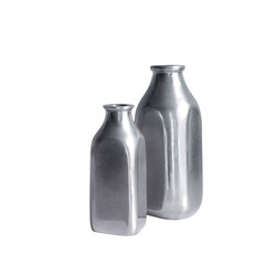 two empty silver colored metal bottles or vases on a transparent background with copy space