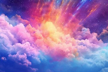 Magical rainbow sky, sparkles, pastel rainbow colors, holographic. AI generative