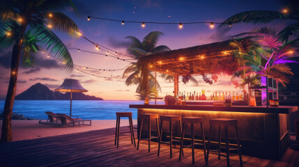 Bar on the beach at sunset, party, view from the bar to the beach and Palms. Cozy atmosphere, mocap