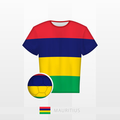 Football uniform of national team of Mauritius with football ball with flag of Mauritius. Soccer jersey and soccerball with flag.