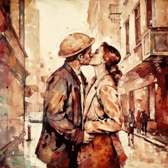 Fototapeta premium A drawn image of a young couple in love hugging and kissing on a city street with beautiful old architecture. Generative AI
