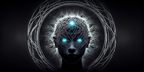 The head of a humanoid robot with brightly glowing eyes and in a luminous ring, in the dark on an isolated black background. Generative AI