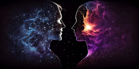 Space starry silhouette of a young man and woman who stand in an embrace and look into each other's faces, close-up and profile view. Generative AI