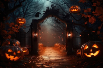 The way to Scary Halloween cemetry gates with glowing Jack-o-Lantern pumpkins in night. AI generative
