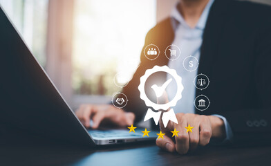 Quality assurance of business services, Smartphone shows the sign of service and ISO certification,...