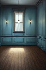 Oil painting of an empty oak paneled room with a single blue lightbulb. AI generative