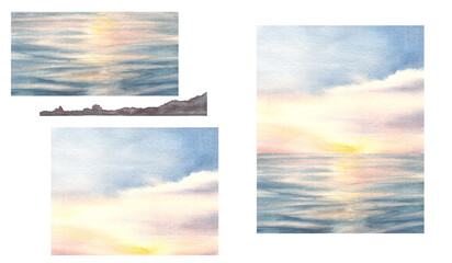  Watercolor landscape illustration Set Hand drawn background sunset on the sea 